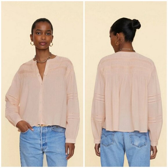 💕XIRENA💕 Allie Shirred Lace-Inset Cotton Shirt ~ Sepia Large NWT - Picture 6 of 16